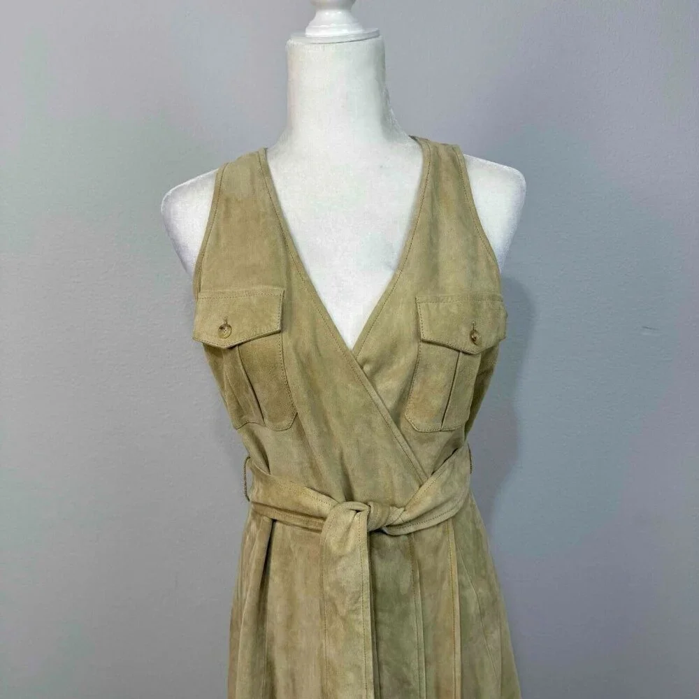Lauren Ralph Lauren 100% Goat Suede Belted Sleeveless Dress Faux‎ Wrap Tan Sz 10